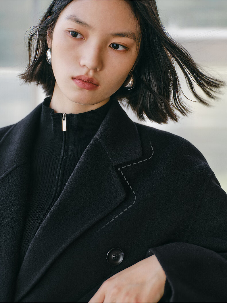Peacebird Women's Woolen Coat Zhenrong Series 2.0 Oversized Double-Faced Wool Jacket Black Six-Button S 2