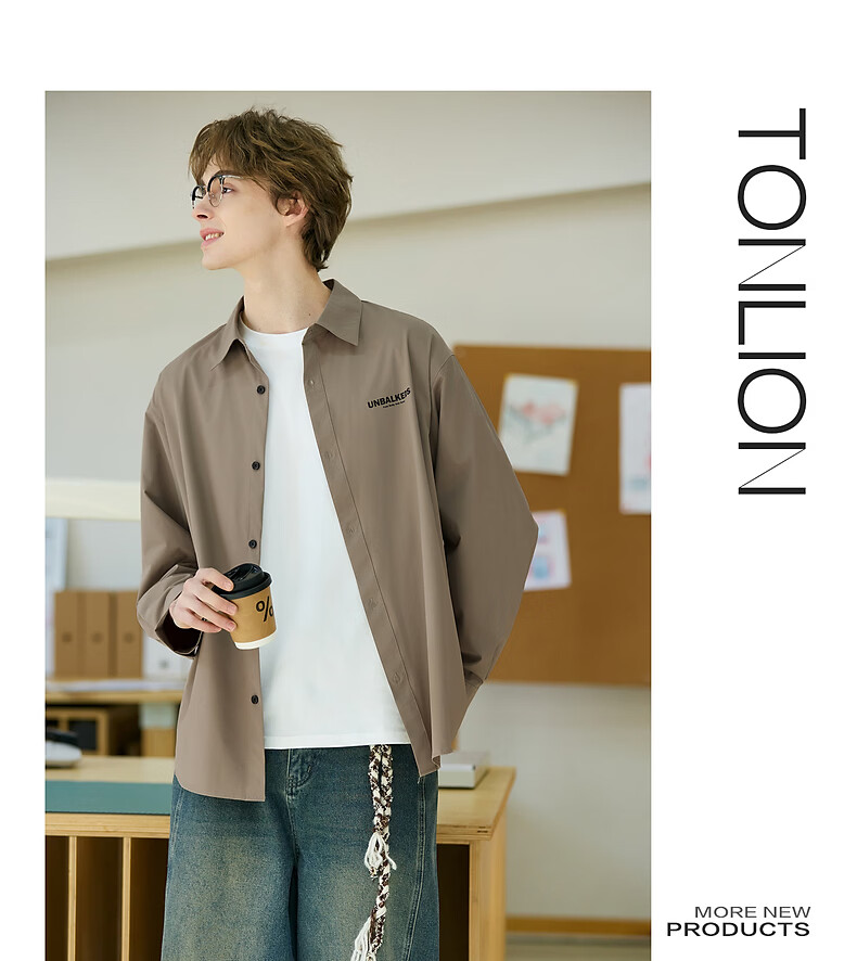 TonLion 2026 Spring New Turn-Down Collar Long Sleeve Shirt Men's Dark Khaki American Vintage Lightweight Shirt Jacket 8