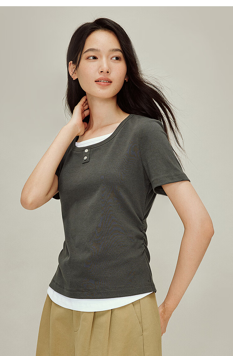 INMAN Colorblock Faux Two-Piece Pleated Waist T-Shirt Summer 2026 Women's New Design Short Sleeve Top in Vermilion Red L 13