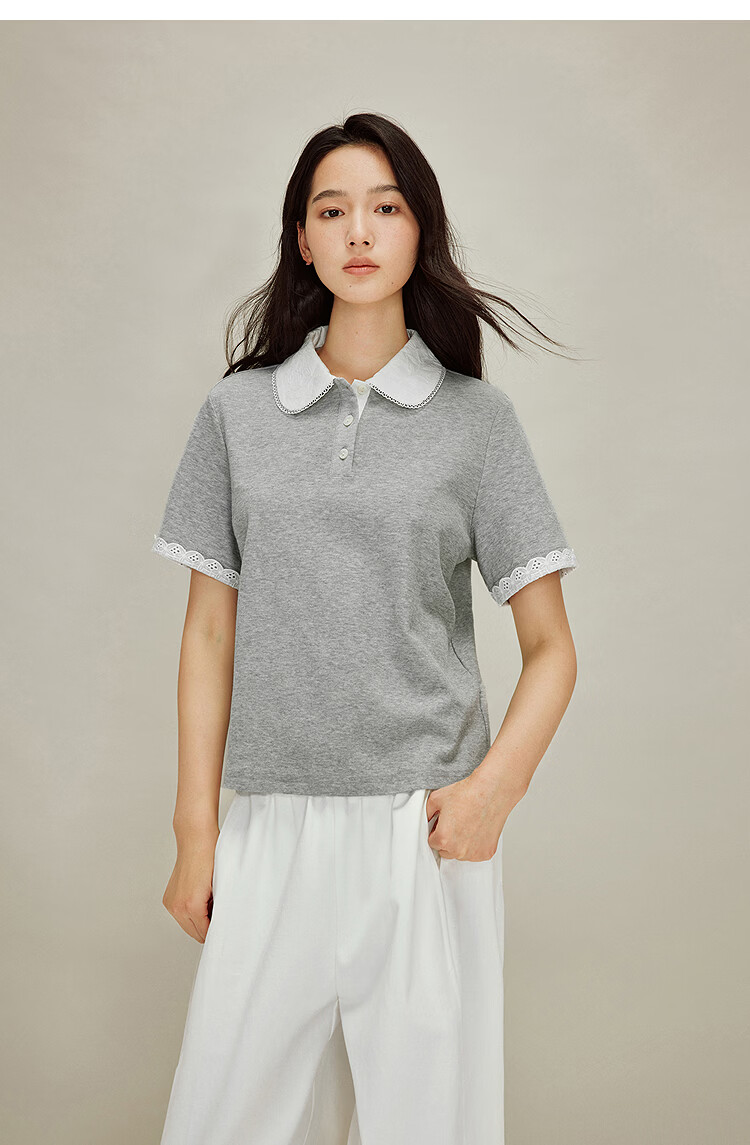 INMAN French Style Doll Collar Lace Shoulder Short Sleeve Polo Shirt Spring 2026 New Women's Top Light Gray L 15