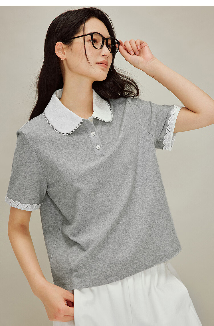INMAN French Style Doll Collar Lace Shoulder Short Sleeve Polo Shirt Spring 2026 New Women's Top Light Gray L 14