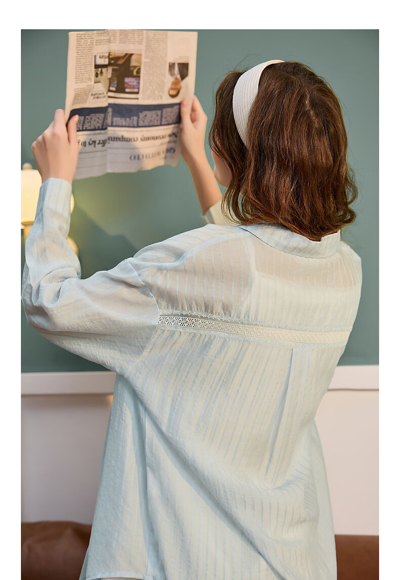 TonLion 2026 Spring Women's Striped Long Sleeve Shirt Light Blue L 9