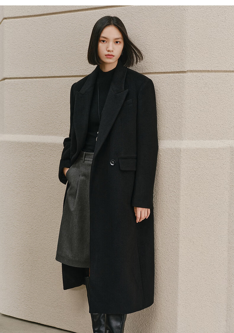 Peacebird Women's Woolen Coat Zhenmao Series Fashionable Elegant Workplace Black Long XS 5