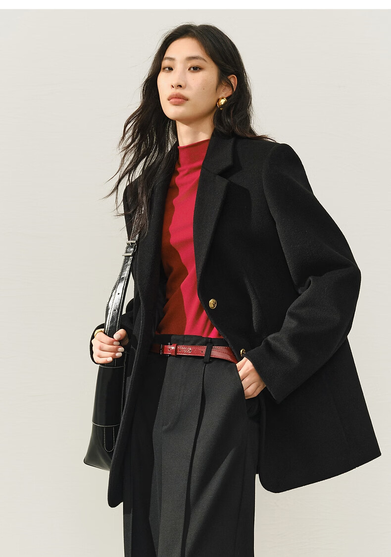 Peacebird Women's Woolen Coat Zhenmao Series Fashionable Elegant Workplace Black Long XS 11