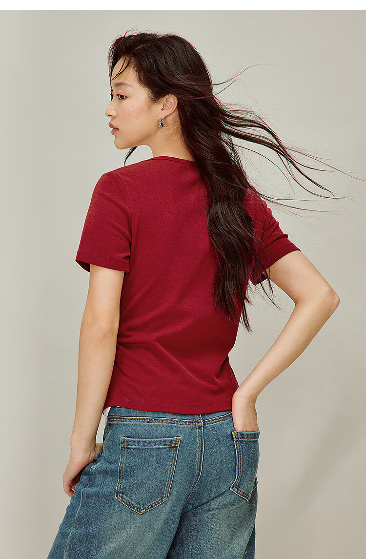 INMAN Colorblock Faux Two-Piece Pleated Waist T-Shirt Summer 2026 Women's New Design Short Sleeve Top in Vermilion Red L 21