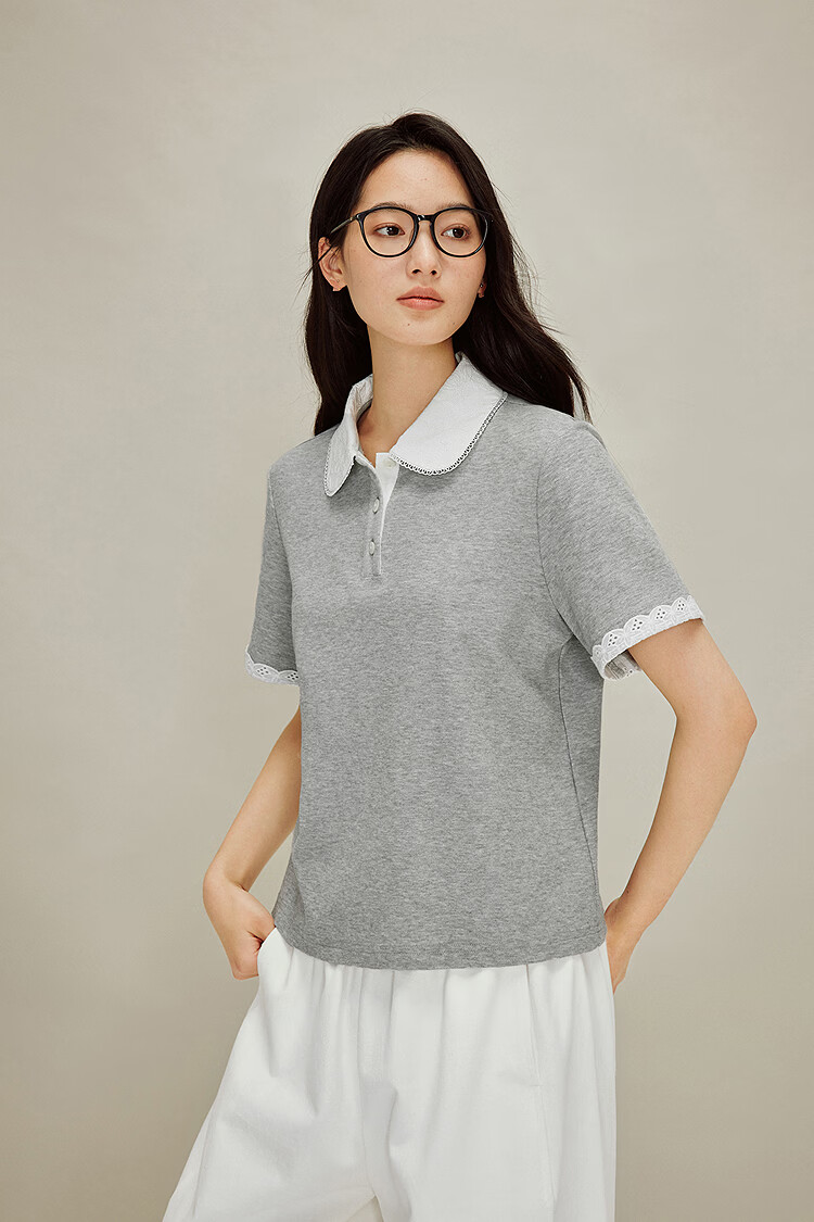 INMAN French Style Doll Collar Lace Shoulder Short Sleeve Polo Shirt Spring 2026 New Women's Top Light Gray L 2