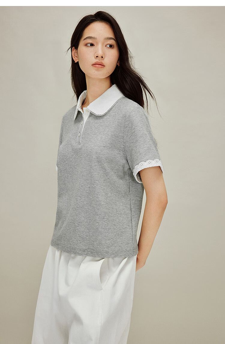 INMAN French Style Doll Collar Lace Shoulder Short Sleeve Polo Shirt Spring 2026 New Women's Top Light Gray L 13