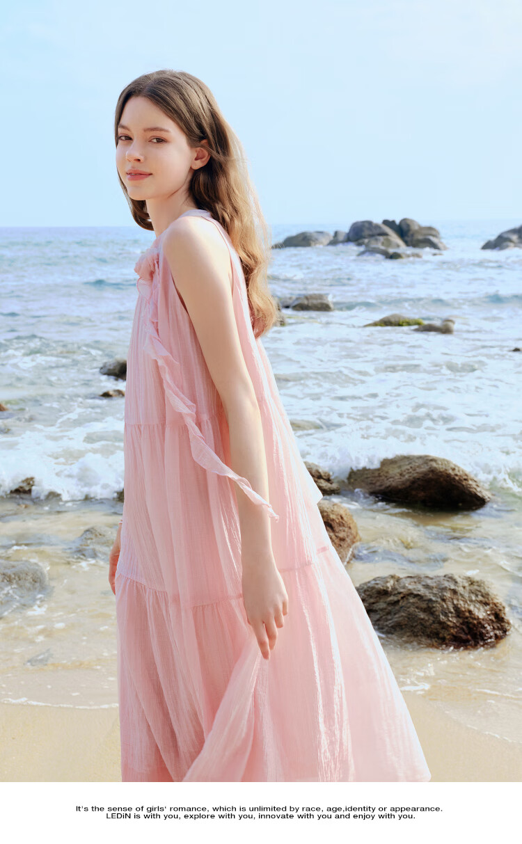 LeTing Camellia Girl Textured Halter Neck Long Dress Vacation Style Ribbon Dress Pink (In Stock) M 11