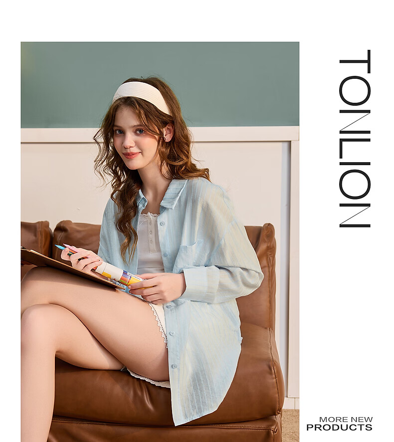 TonLion 2026 Spring Women's Striped Long Sleeve Shirt Light Blue L 8