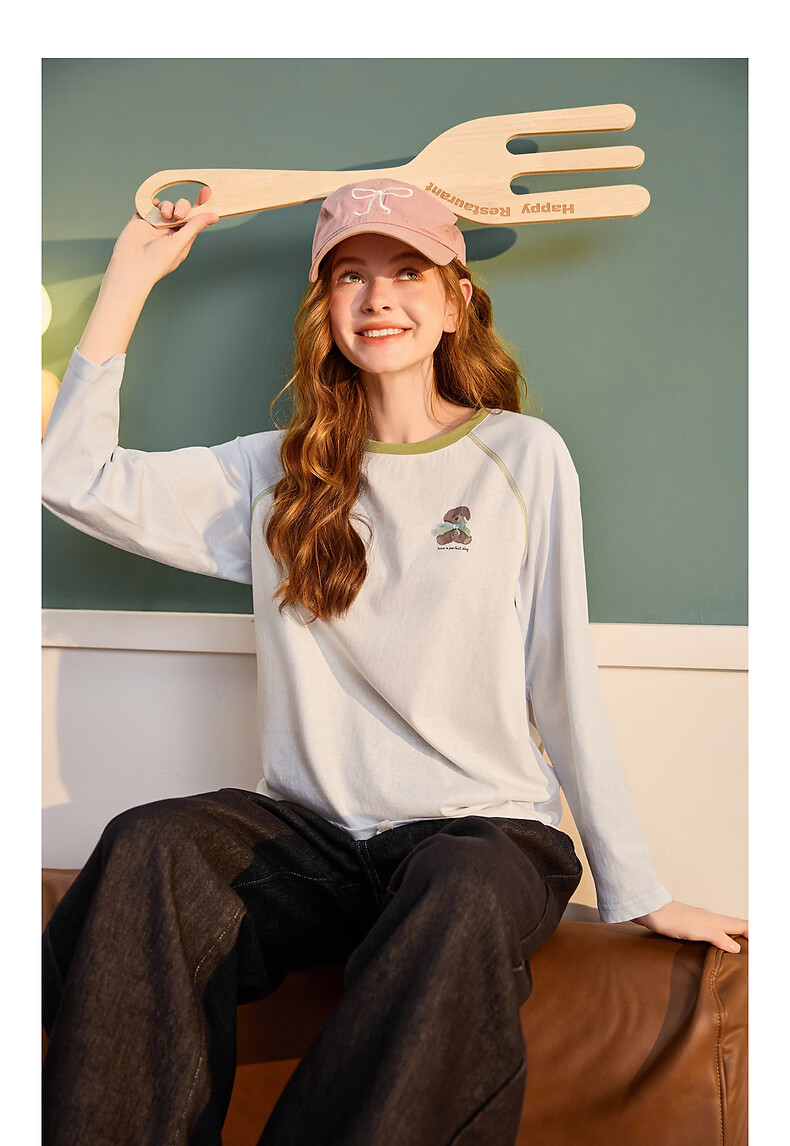 TonLion 2026 Spring Women's Long Sleeve T-Shirt Colorblock Raglan Sleeve Cartoon Bear Print Fashion Korean Style Outerwear Base Layer 5