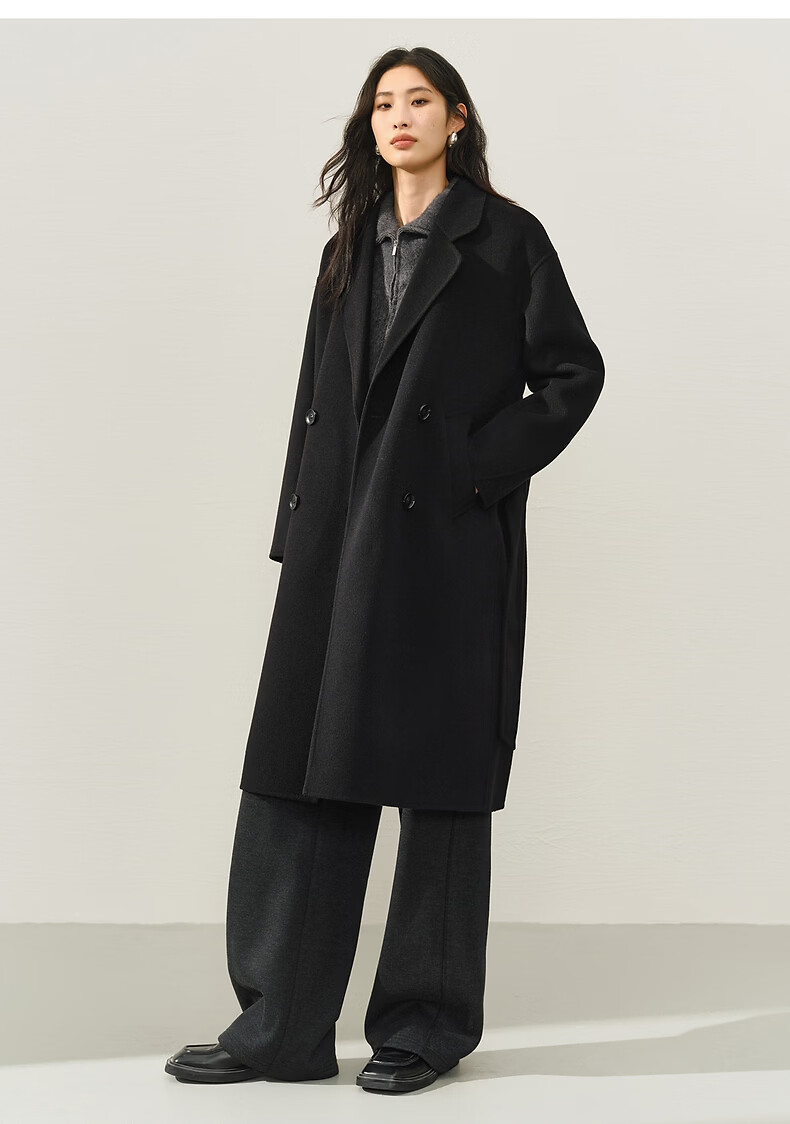 Peacebird Women's Woolen Coat Zhenrong Series 2.0 Oversized Double-Faced Wool Jacket Black Six-Button S 23