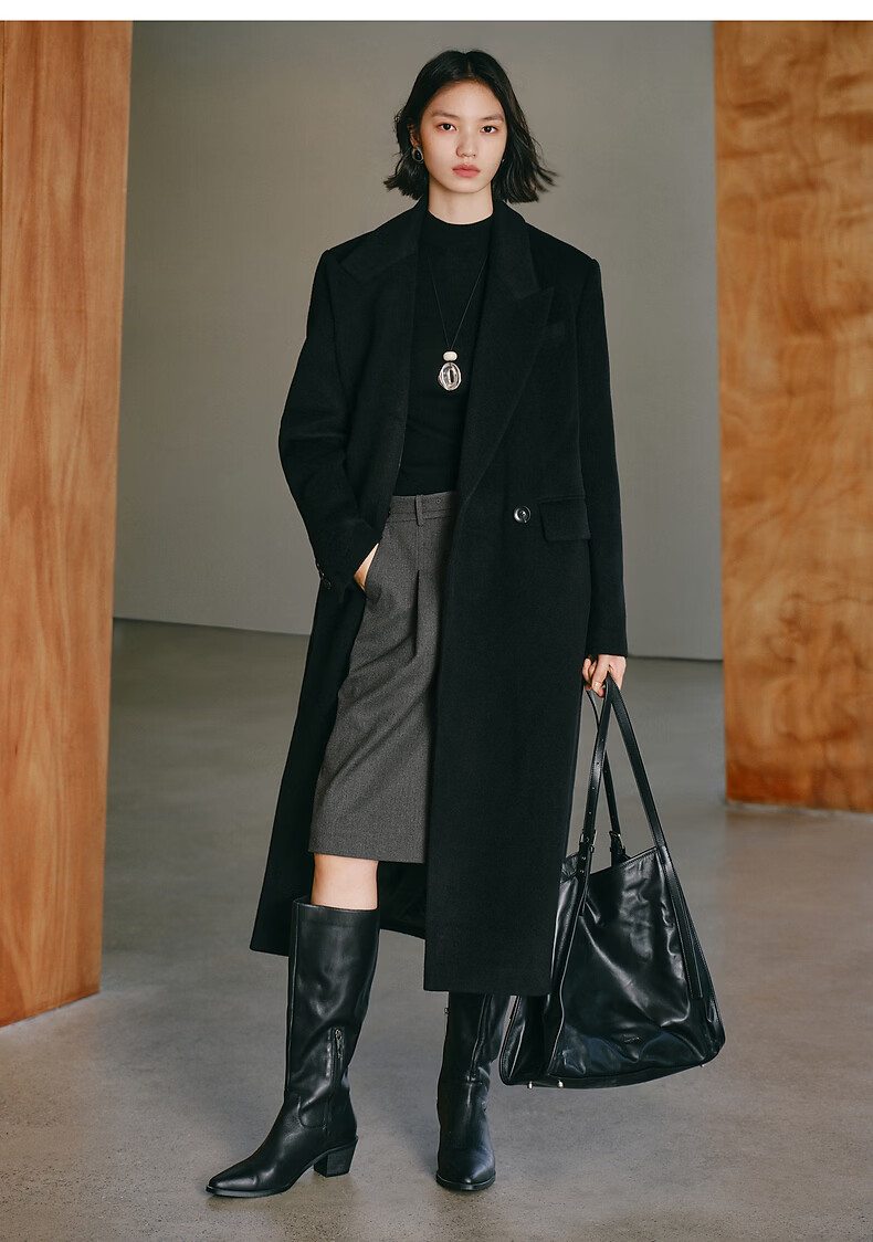 Peacebird Women's Woolen Coat Zhenmao Series Fashionable Elegant Workplace Black Long XS 7