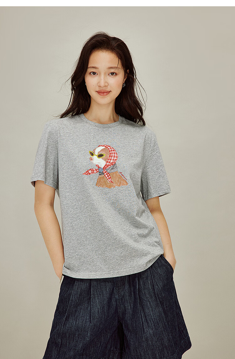 INMAN Floral Pet Print 100% Cotton T-Shirt 2026 Spring New Women's Casual Short Sleeve Top Light Gray S 17