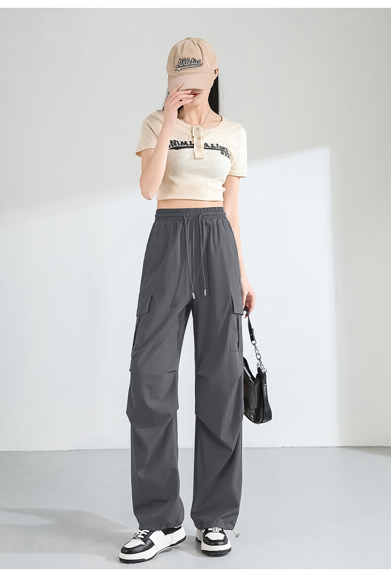 TonLion Women's Summer Cooling Workwear Pants New Wide-Leg Slim Outdoor Sports Drawstring Hem Straight-Leg Trousers 15