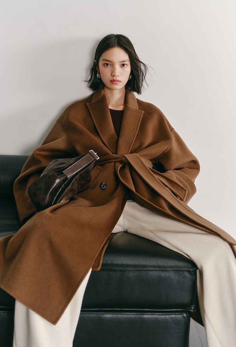 Peacebird Women's Woolen Coat Zhenrong Series Bathrobe Style 2.0 Double-Sided Woolen Jacket D Brown S 2
