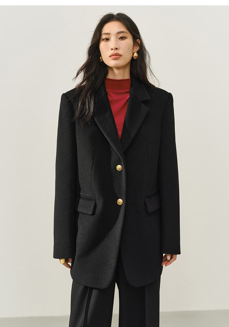 Peacebird Women's Woolen Coat Zhenmao Series Fashionable Elegant Workplace Black Long XS 14