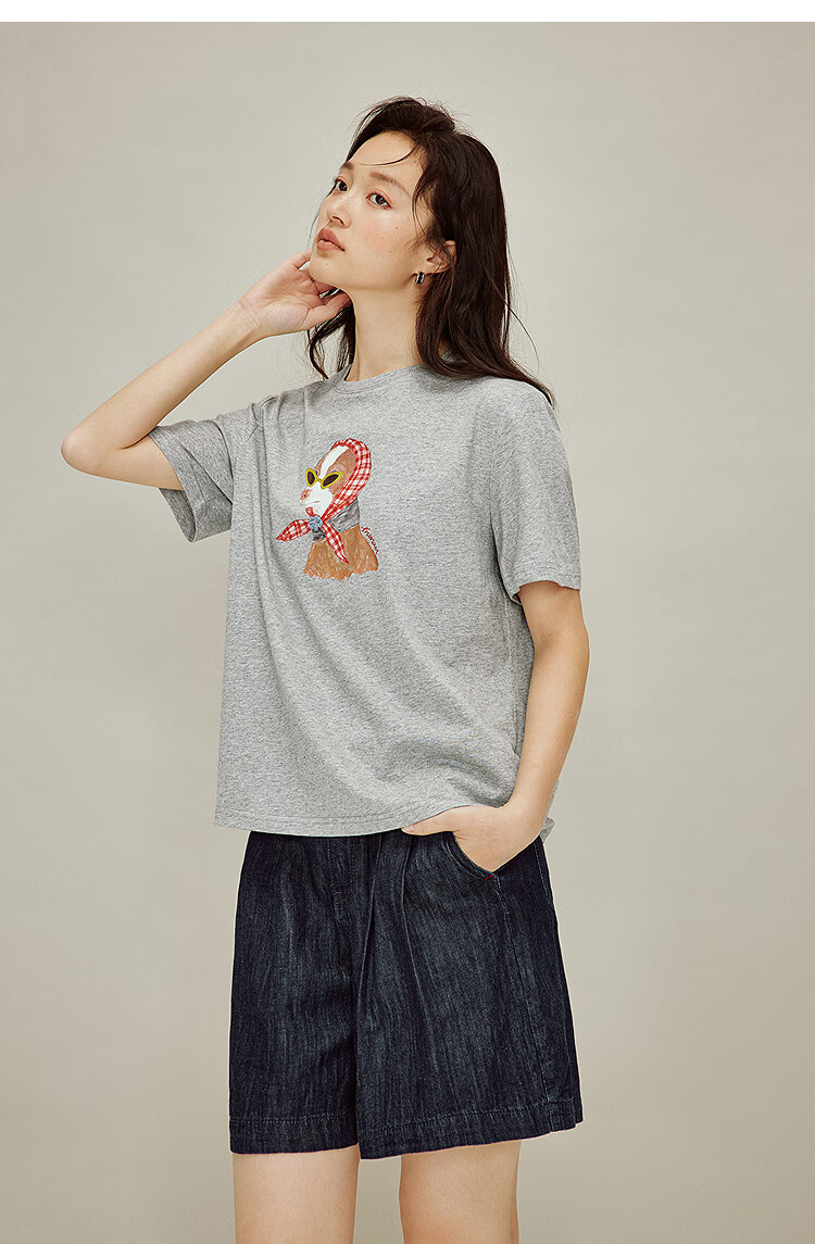 INMAN Floral Pet Print 100% Cotton T-Shirt 2026 Spring New Women's Casual Short Sleeve Top Light Gray S 14