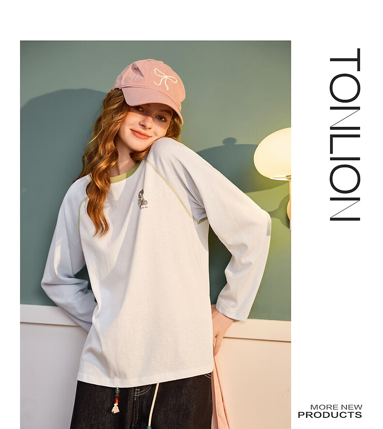 TonLion 2026 Spring Women's Long Sleeve T-Shirt Colorblock Raglan Sleeve Cartoon Bear Print Fashion Korean Style Outerwear Base Layer 4