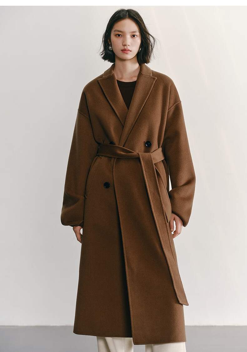 Peacebird Women's Woolen Coat Zhenrong Series Bathrobe Style 2.0 Double-Sided Woolen Jacket D Brown S 8