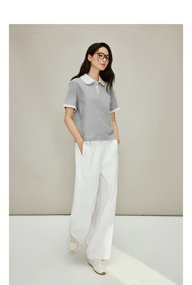 INMAN French Style Doll Collar Lace Shoulder Short Sleeve Polo Shirt Spring 2026 New Women's Top Light Gray L 4