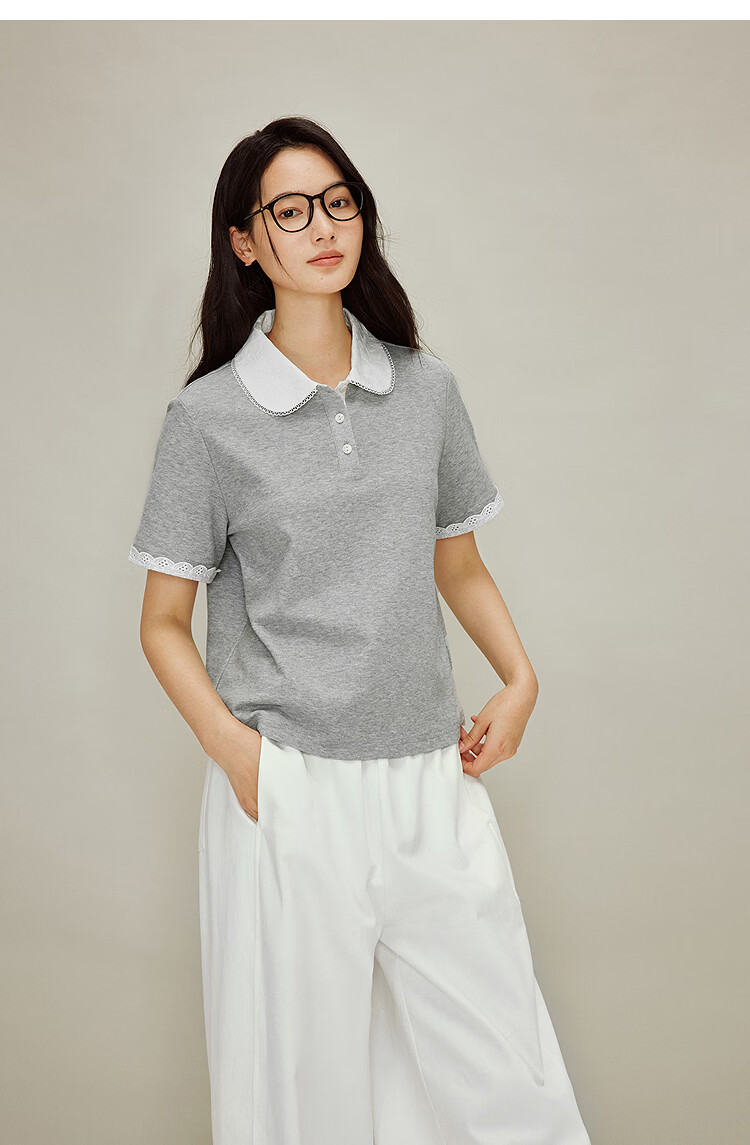 INMAN French Style Doll Collar Lace Shoulder Short Sleeve Polo Shirt Spring 2026 New Women's Top Light Gray L 12