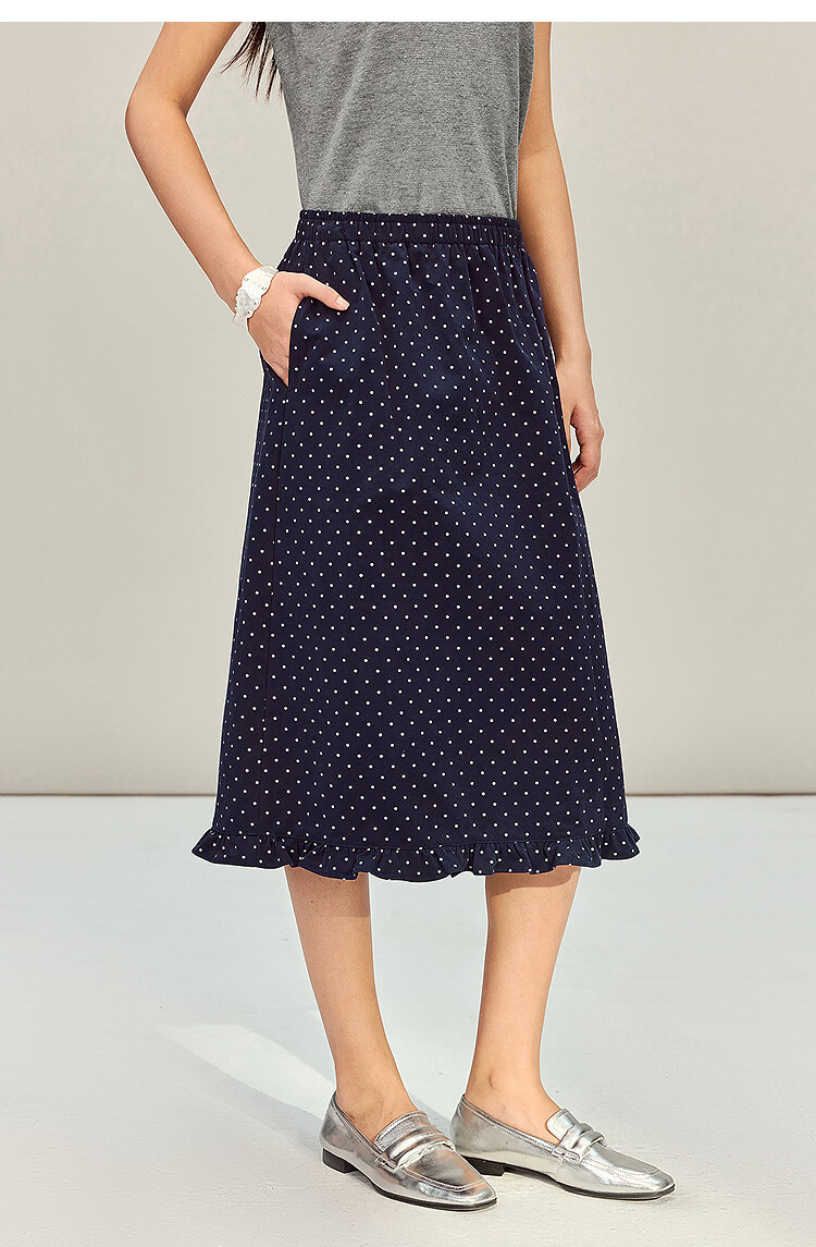 INMAN Vintage Polka Dot Ruffle Hem Cotton A-Line Skirt Blue White Dots L Spring 2026 Women's New 12