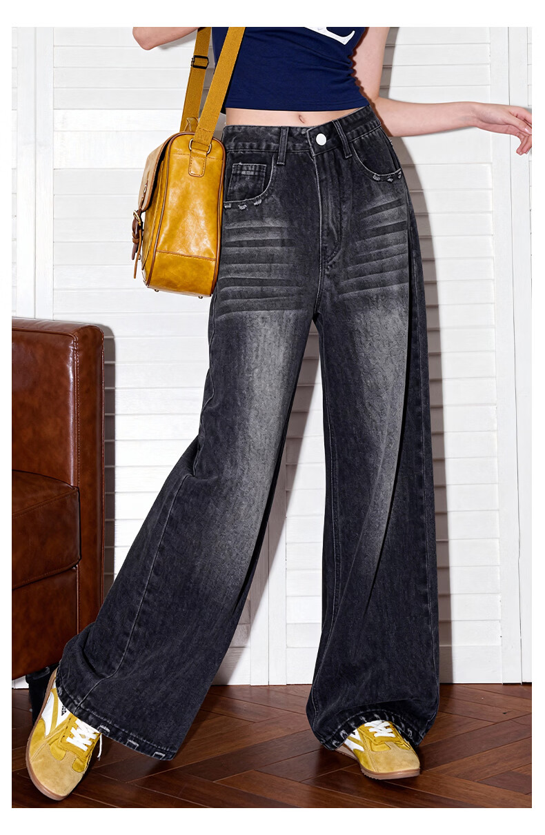 TonLion Women's Jeans Trendy Brushed Design Loose Slim Fit Petite Straight Wide-Leg Pants Spring Autumn New Arrival 11