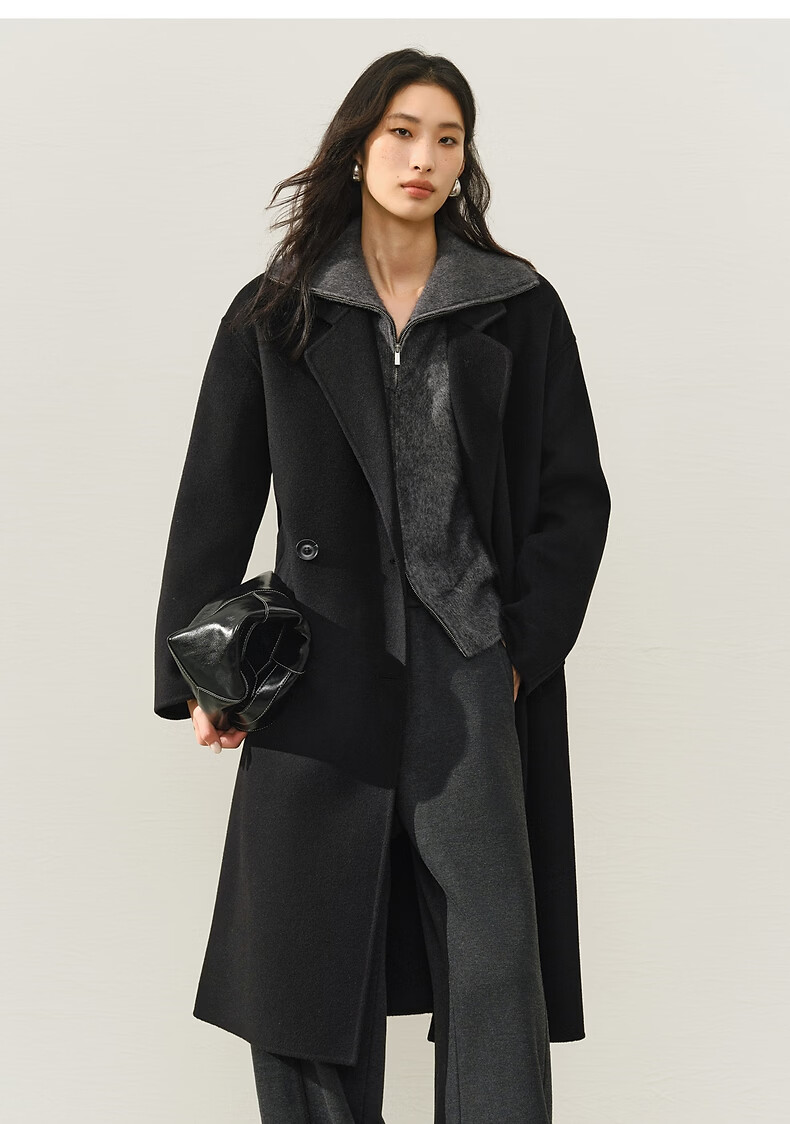 Peacebird Women's Woolen Coat Zhenrong Series 2.0 Oversized Double-Faced Wool Jacket Black Six-Button S 22