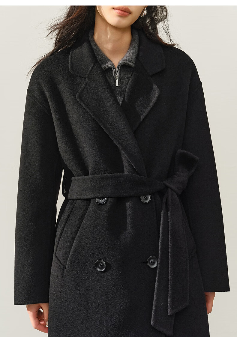 Peacebird Women's Woolen Coat Zhenrong Series 2.0 Oversized Double-Faced Wool Jacket Black Six-Button S 26