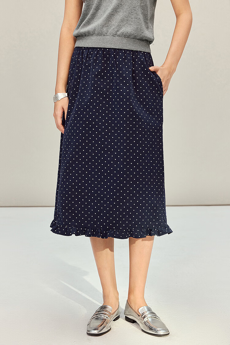 INMAN Vintage Polka Dot Ruffle Hem Cotton A-Line Skirt Blue White Dots L Spring 2026 Women's New 2