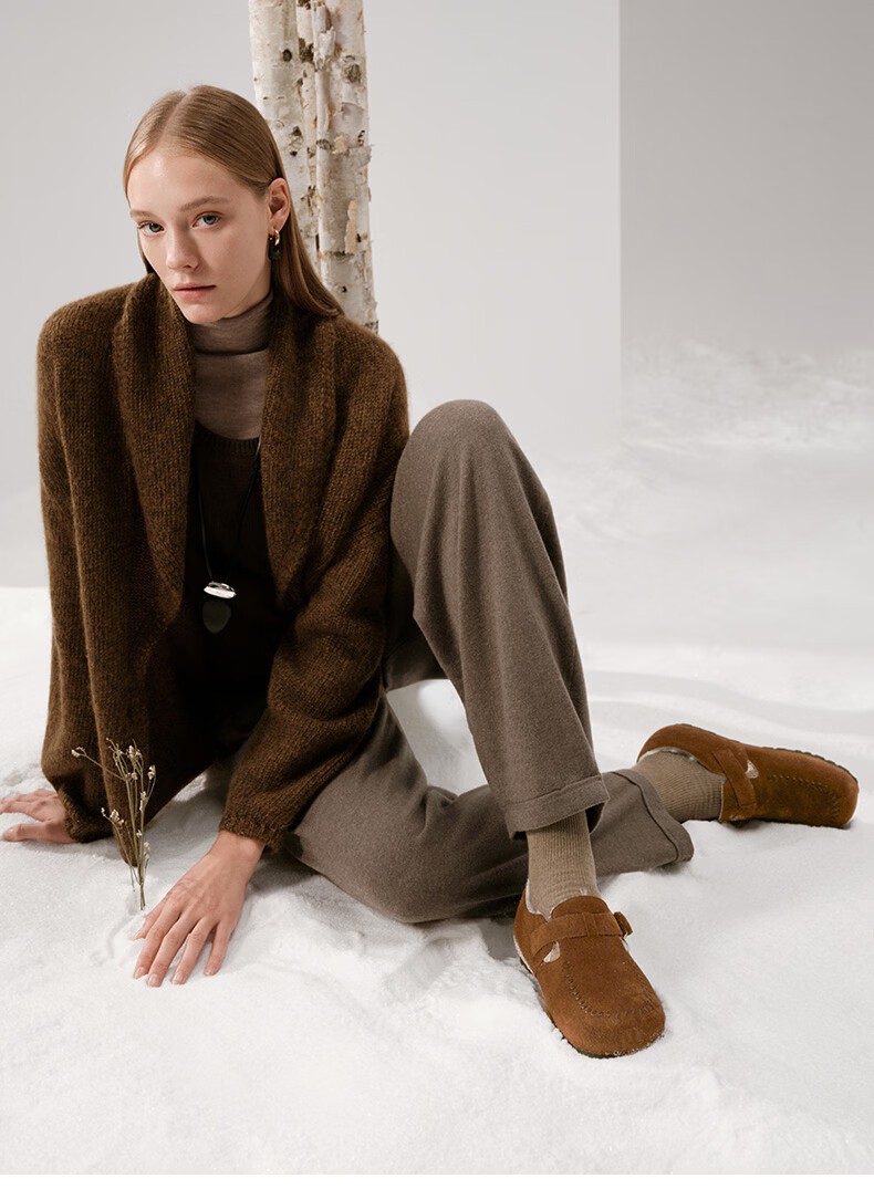 Bata Birken Fur Women's Winter 2025 British Style Cow Split Leather Flats 252MMDA5 Brown Size 38 2