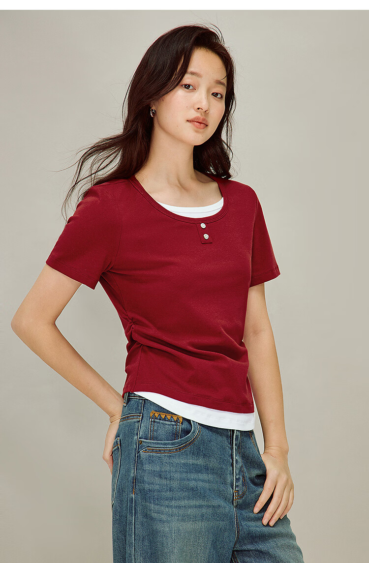 INMAN Colorblock Faux Two-Piece Pleated Waist T-Shirt Summer 2026 Women's New Design Short Sleeve Top in Vermilion Red L 18