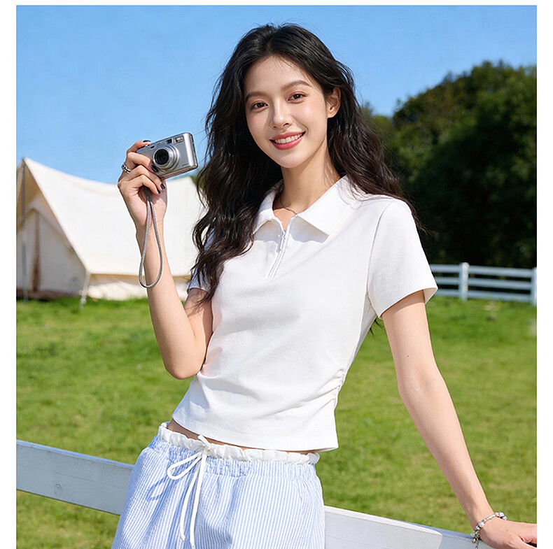 Baleno Gathered Polo Short Sleeve T-Shirt Women 2026 Summer New Fashion Casual Breathable Shoulder Slimming Top 5