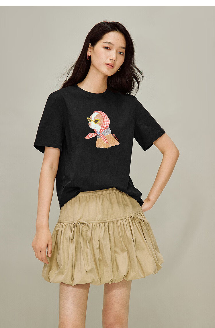 INMAN Floral Pet Print 100% Cotton T-Shirt 2026 Spring New Women's Casual Short Sleeve Top Light Gray S 25