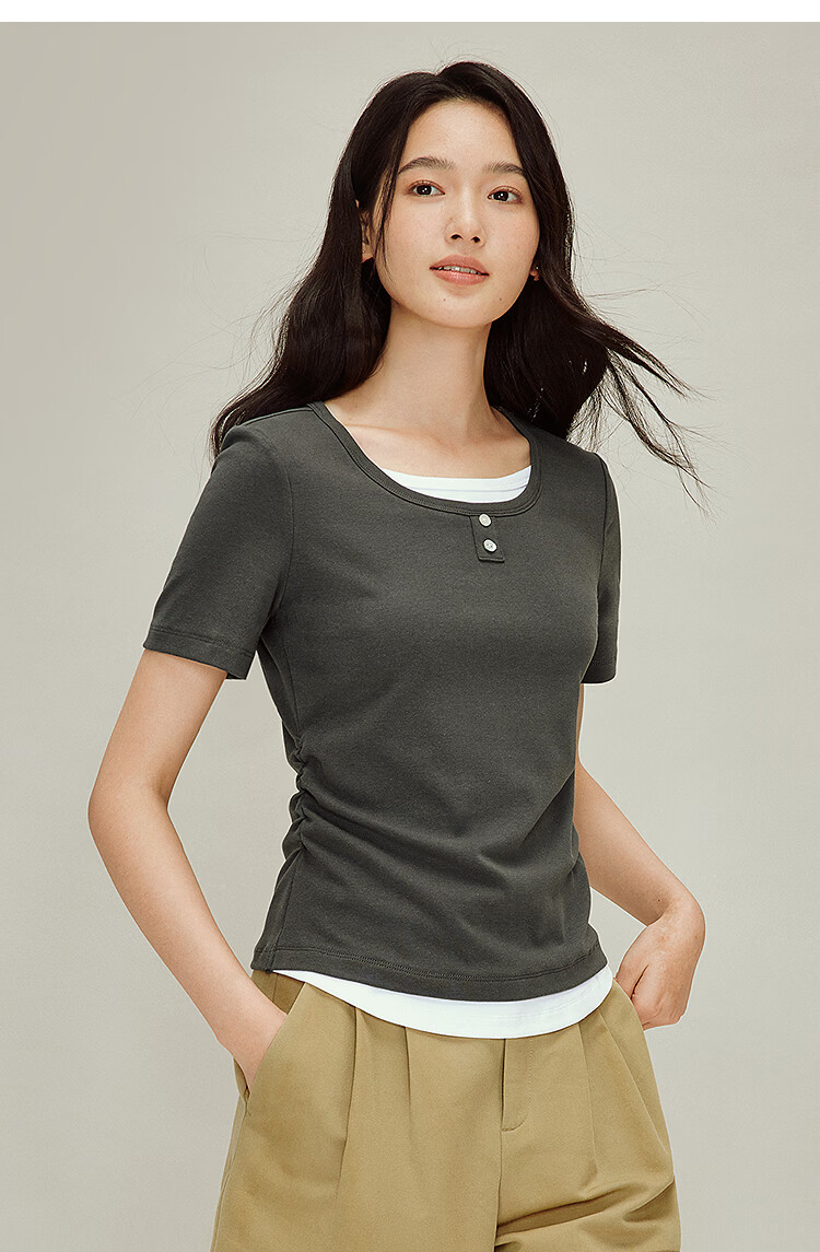 INMAN Colorblock Faux Two-Piece Pleated Waist T-Shirt Summer 2026 Women's New Design Short Sleeve Top in Vermilion Red L 12
