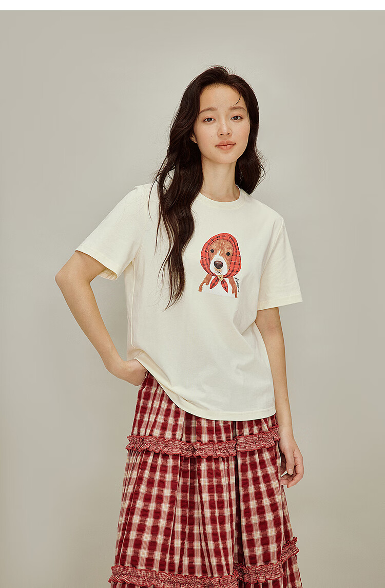 INMAN Floral Pet Print 100% Cotton T-Shirt 2026 Spring New Women's Casual Short Sleeve Top Light Gray S 19