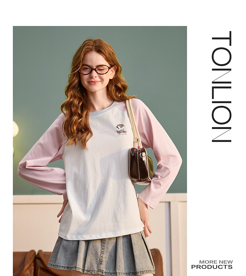 TonLion 2026 Spring Women's Long Sleeve T-Shirt Colorblock Raglan Sleeve Cartoon Bear Print Fashion Korean Style Outerwear Base Layer 7