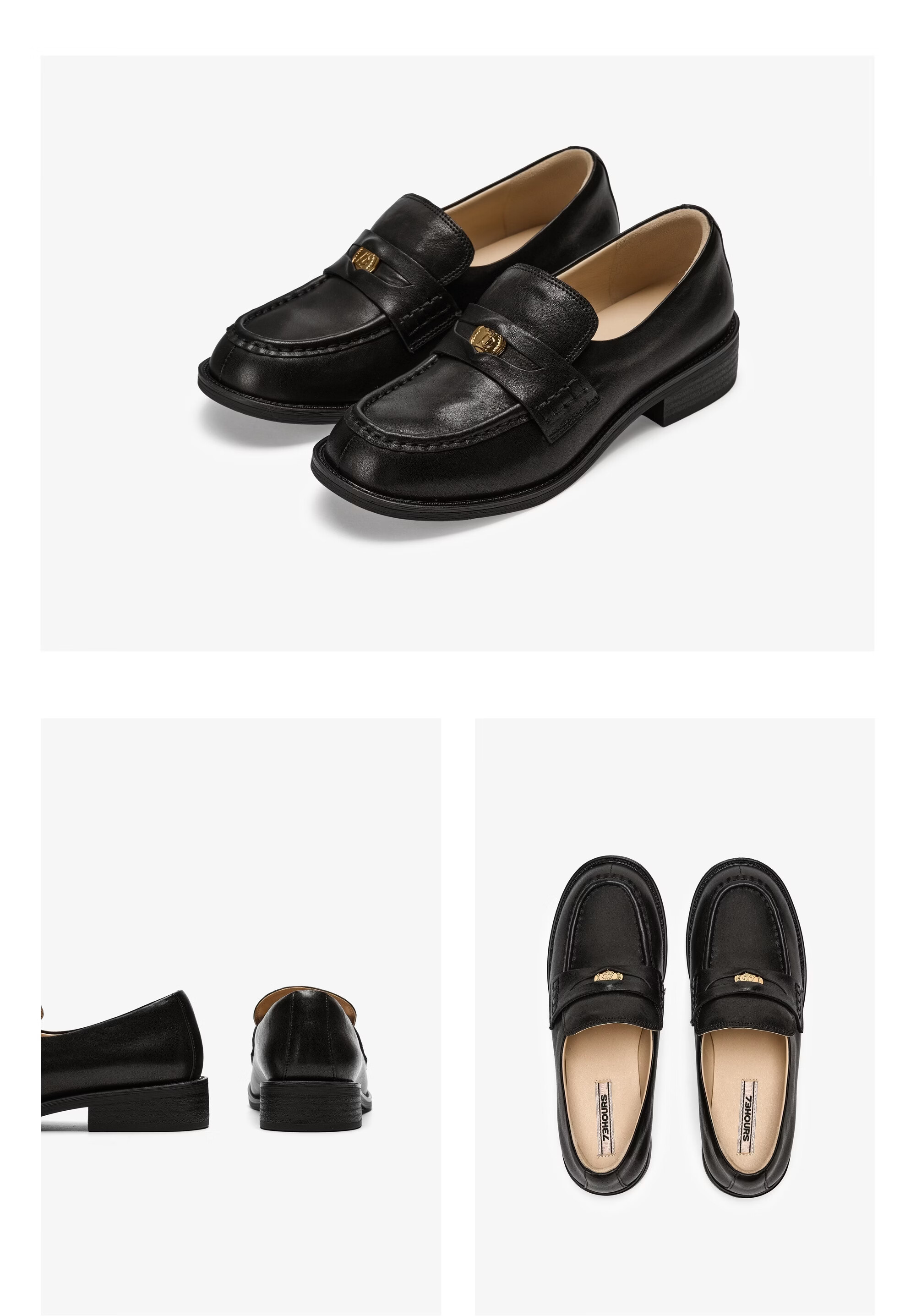73Hours Women's Shoes Comfortable Imprint 2026 Spring New Old Money Style Cowhide Square Heel Solid Color Loafers Fashion 12