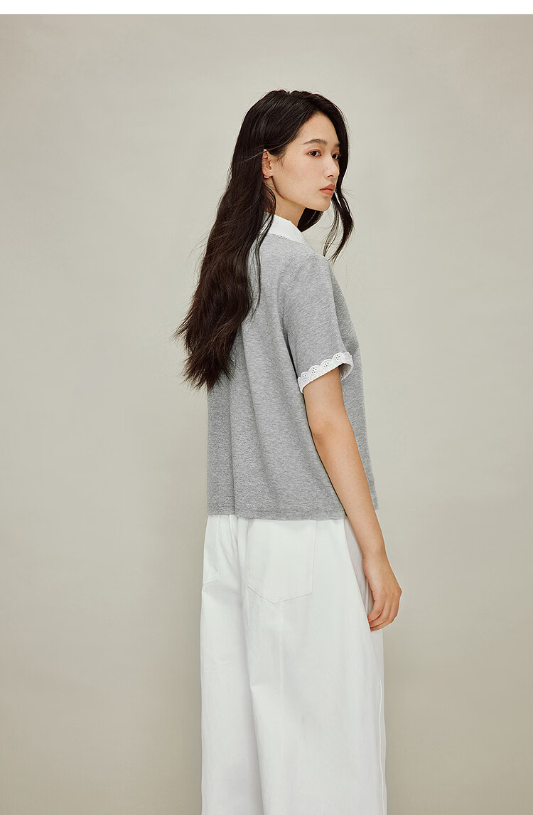 INMAN French Style Doll Collar Lace Shoulder Short Sleeve Polo Shirt Spring 2026 New Women's Top Light Gray L 16