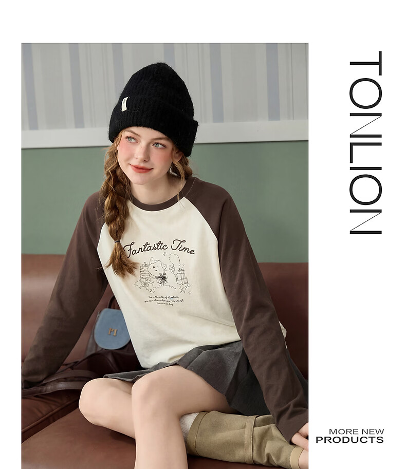 TonLion 2026 Spring Women's Raglan Long Sleeve T-Shirt Black L 4