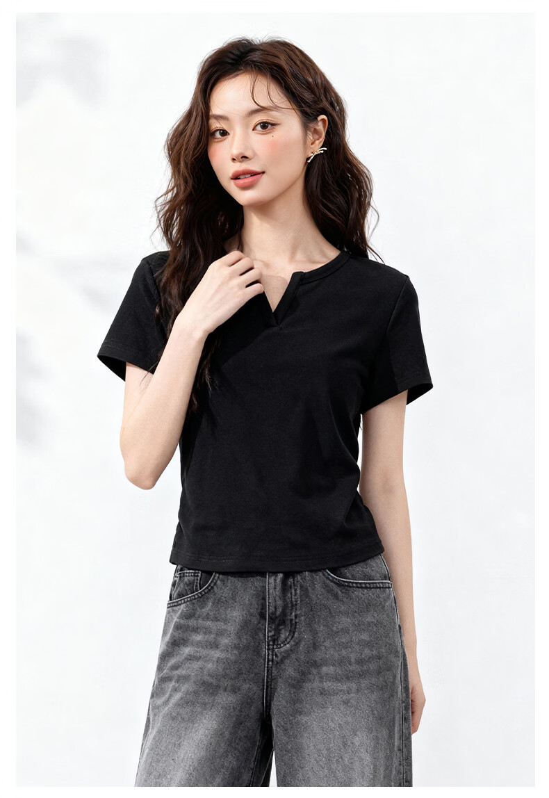 MJ STYLE V-Neck Slim Fit Short Sleeve T-Shirt for Women Summer 2026 New Waist Ruched Slimming Versatile Basic Top 4