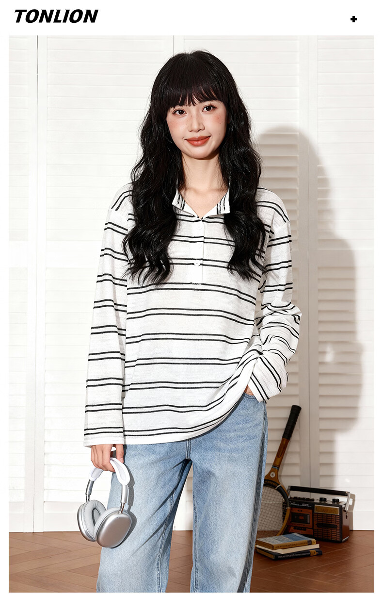 TonLion Women's Long Sleeve Striped Henry Collar T-Shirt Small Fit Spring Summer New Top 11