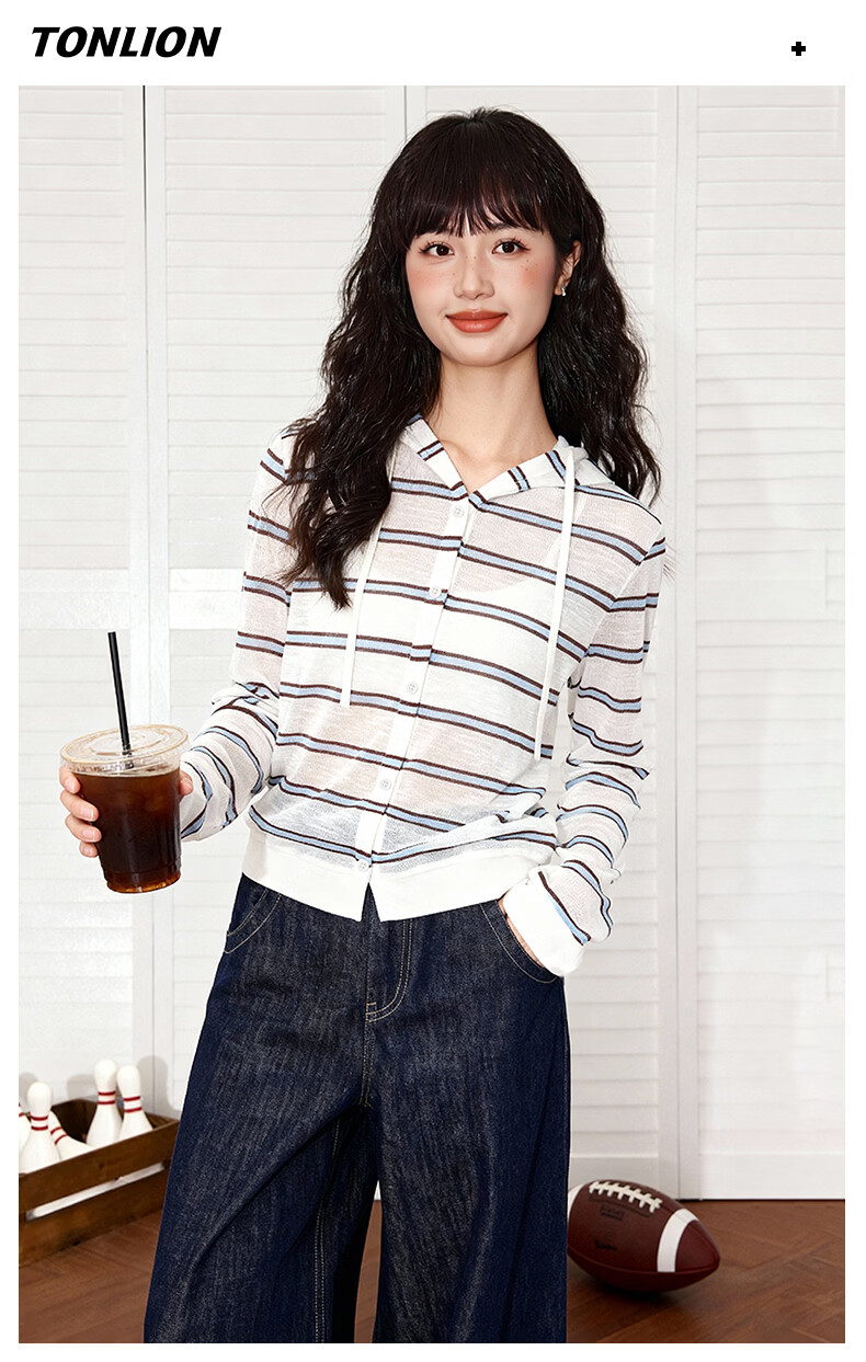 TonLion Women's Hooded Jacket Spring Summer Breathable Cool Striped Design Petite Short Long Sleeve Cardigan 11