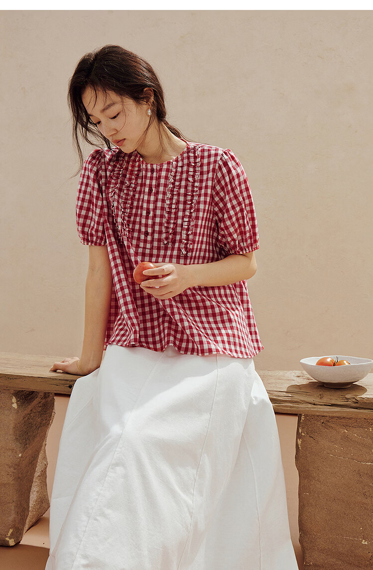 INMAN French Vintage Red Plaid Short Sleeve Shirt 26 Summer New Women's Ruffle Beaded Top Navy Plaid L 39