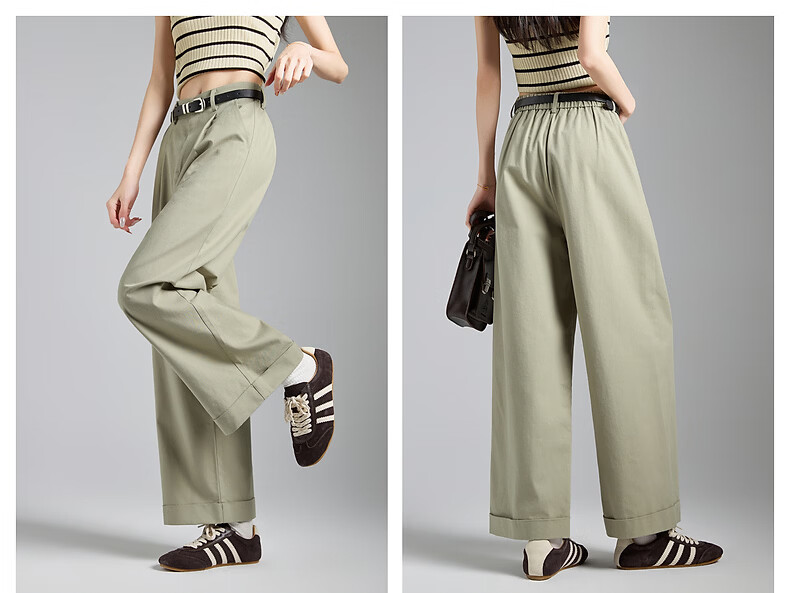 TonLion 2026 Spring Turn-up Women's Casual Pants Khaki Green M 15