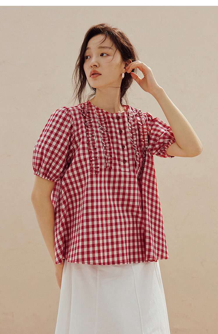 INMAN French Vintage Red Plaid Short Sleeve Shirt 26 Summer New Women's Ruffle Beaded Top Navy Plaid L 38