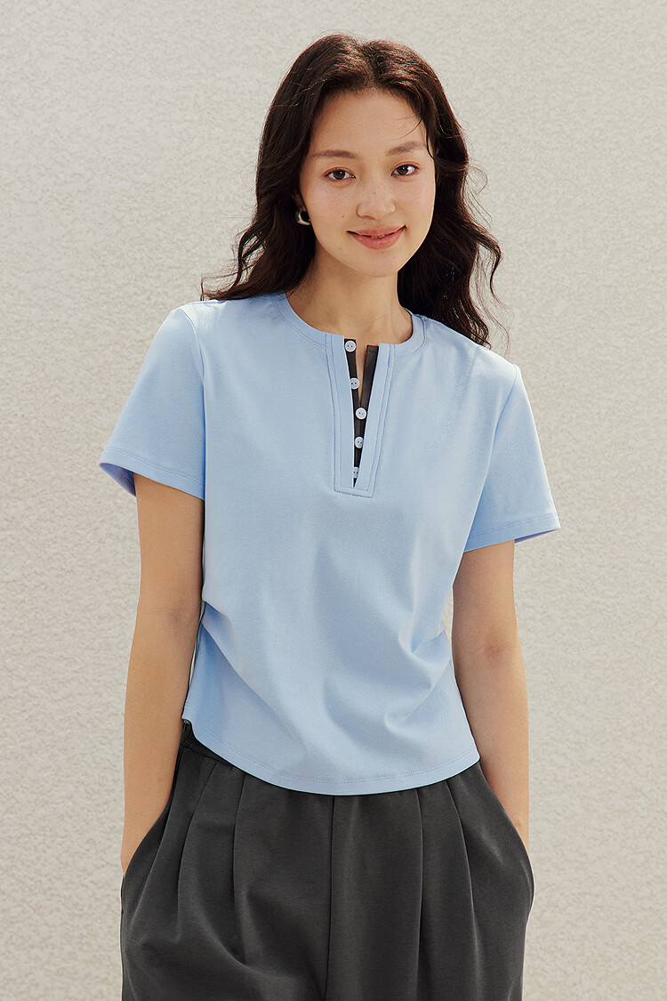 INMAN Colorblock Faux Two-Piece Pleated Waist T-Shirt Summer 2026 Women's New Design Short Sleeve Top in Vermilion Red L 28