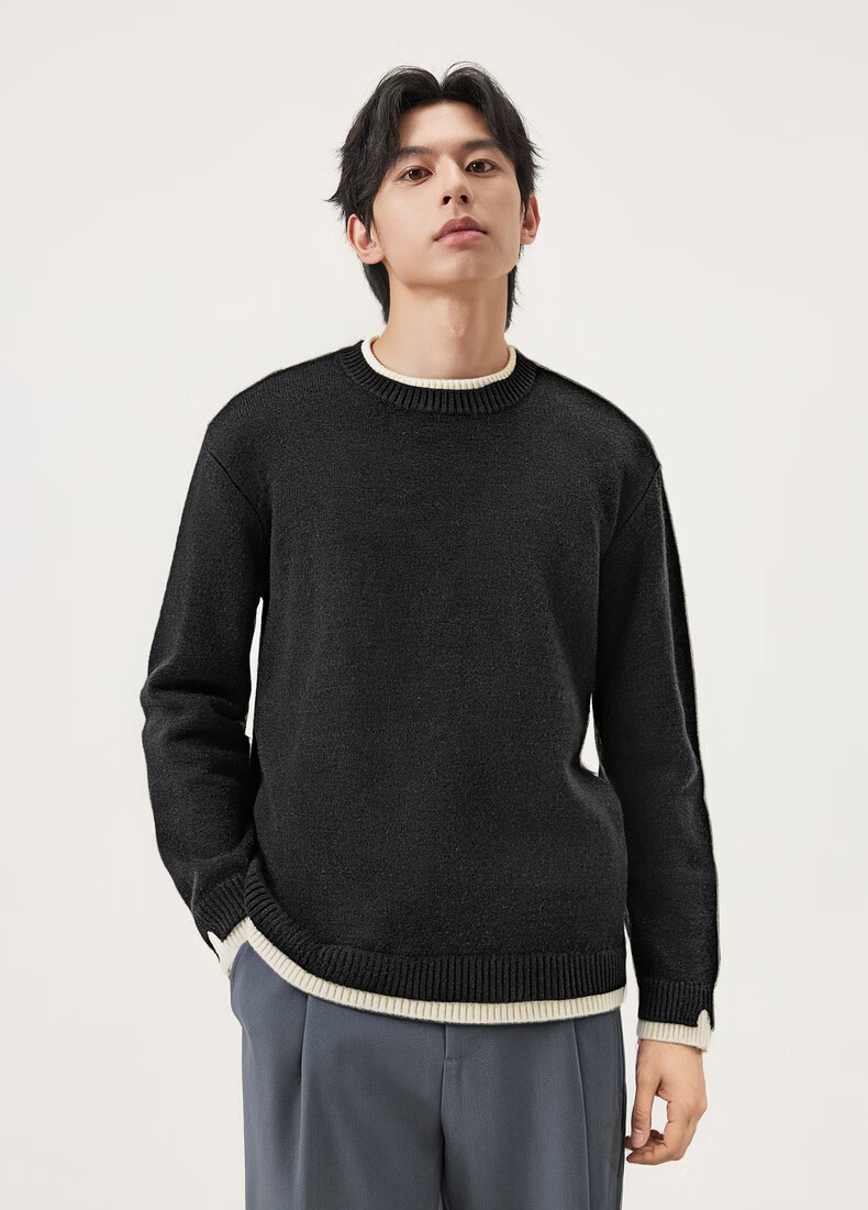 Gxgjeans Men's Casual Layered Look Crew Neck Sweater Knitwear Winter 2025 New Black 2XL (185) 8