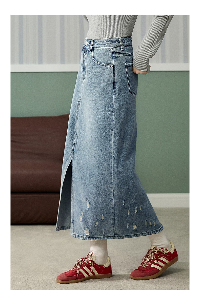 TonLion 2026 Spring Women's Split Denim Skirt Light Blue S 9