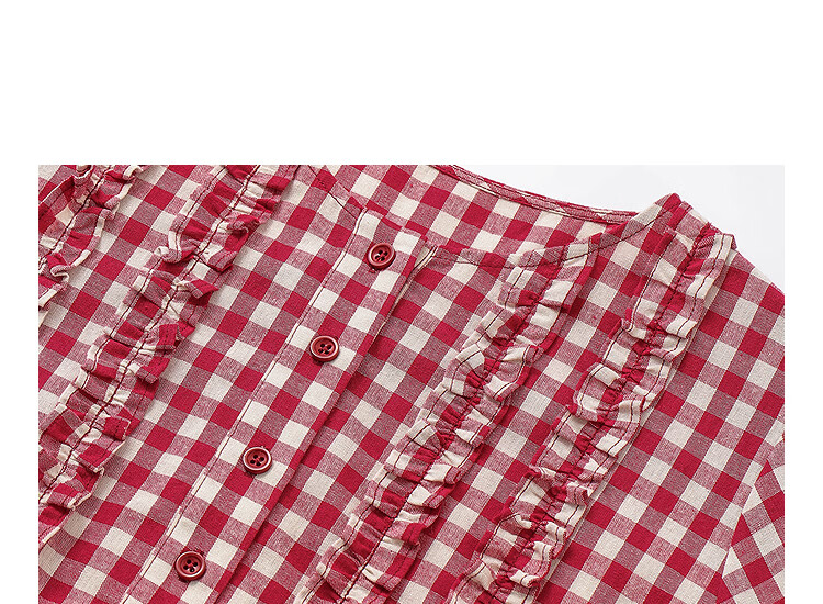 INMAN French Vintage Red Plaid Short Sleeve Shirt 26 Summer New Women's Ruffle Beaded Top Navy Plaid L 34